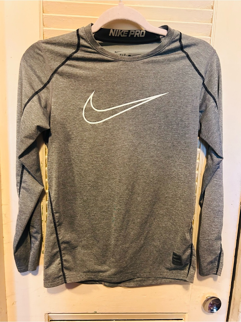 Nike Pro Gray Long-Sleeve Crew Performance Top with White Swoosh
